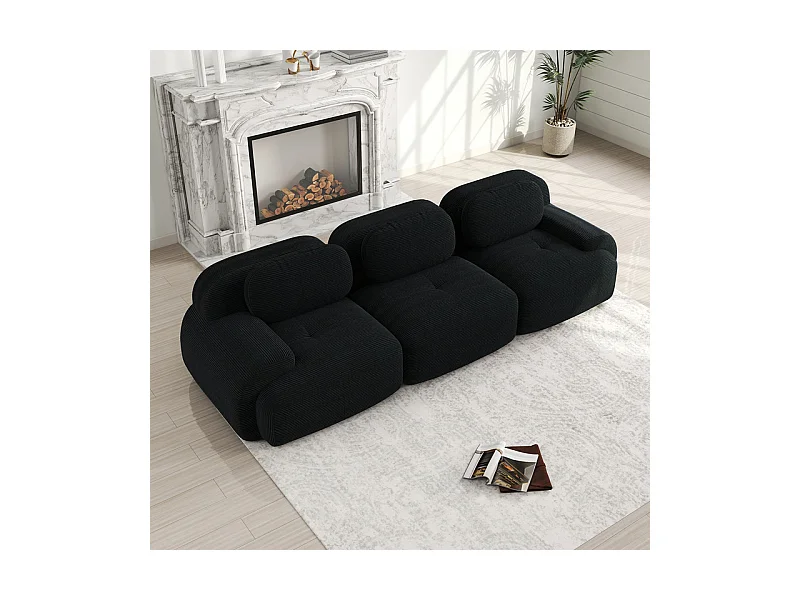 Canapé 3 places modulable en Velours côtelé - avec 3 oreillers - 298x103x75cm - Noir