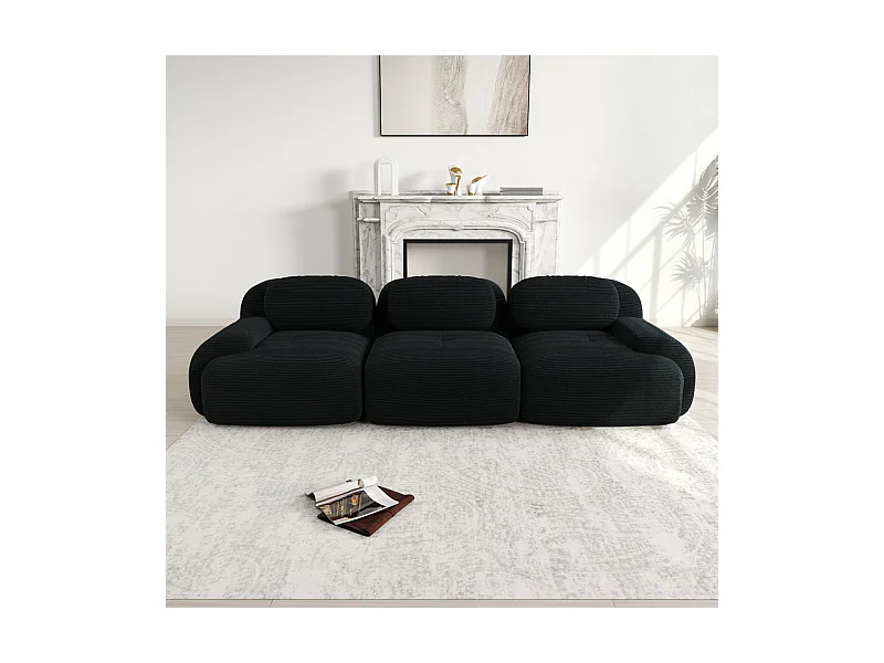 Ensemble de canapé modulable en Velours côtelé: canapé 3 places - avec 3 oreillers - 298x103x75cm - Noir