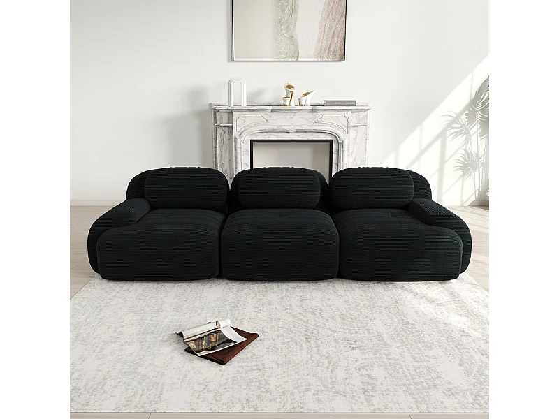 Divano 3 Posti Modulare in Velluto Coste - con 3 Cuscini - 298x103x75cm - Nero