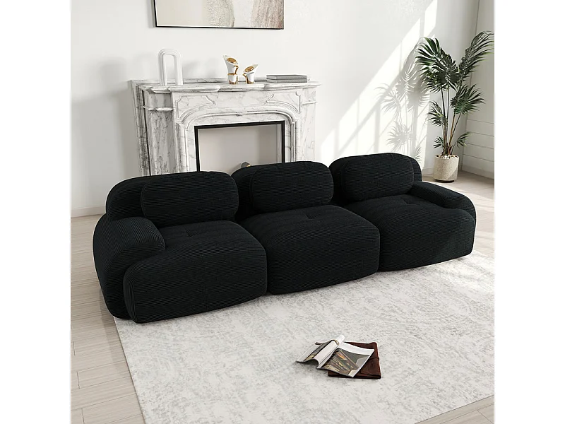 Divano 3 Posti Modulare in Velluto Coste - con 3 Cuscini - 298x103x75cm - Nero