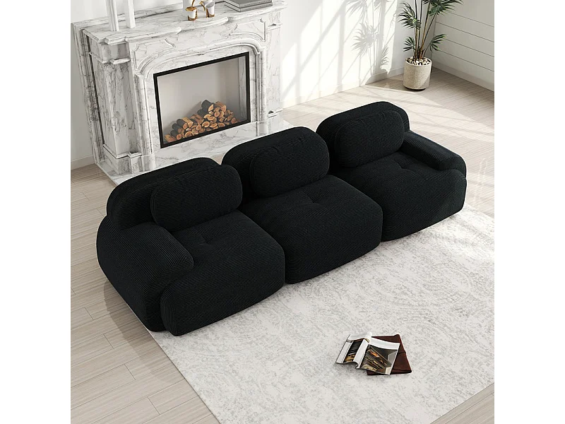 Divano 3 Posti Modulare in Velluto Coste - con 3 Cuscini - 298x103x75cm - Nero