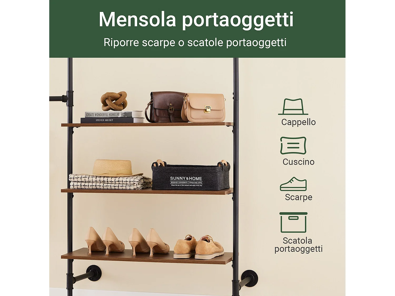 SoBuy Scienny wieszak na ubrania z 3 drążkami i 3 półkami z MDF, czarny