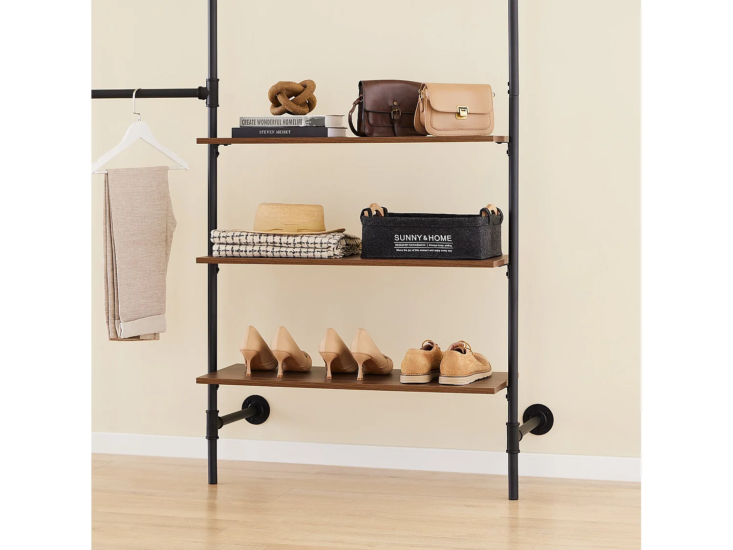 SoBuy Scienny wieszak na ubrania z 3 drążkami i 3 półkami z MDF, czarny