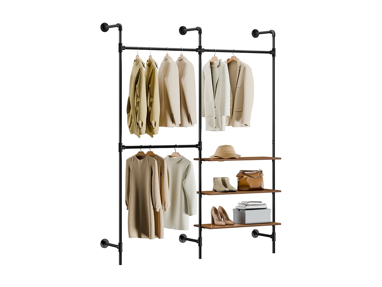 SoBuy industrieel wandrek met 3 stangen en 3 MDF-planken, robuuste kledingkast