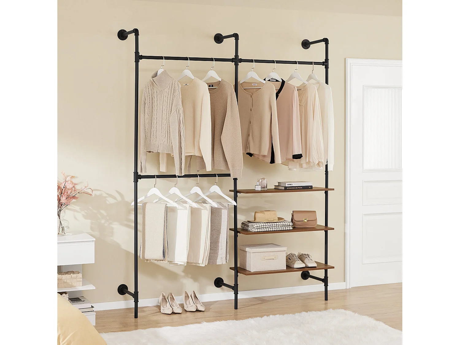 SoBuy industrieel wandrek met 3 stangen en 3 MDF-planken, robuuste kledingkast