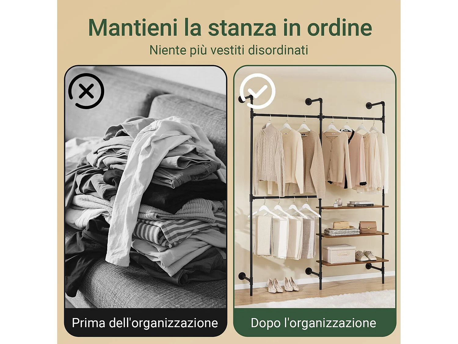 SoBuy industrieel wandrek met 3 stangen en 3 MDF-planken, robuuste kledingkast