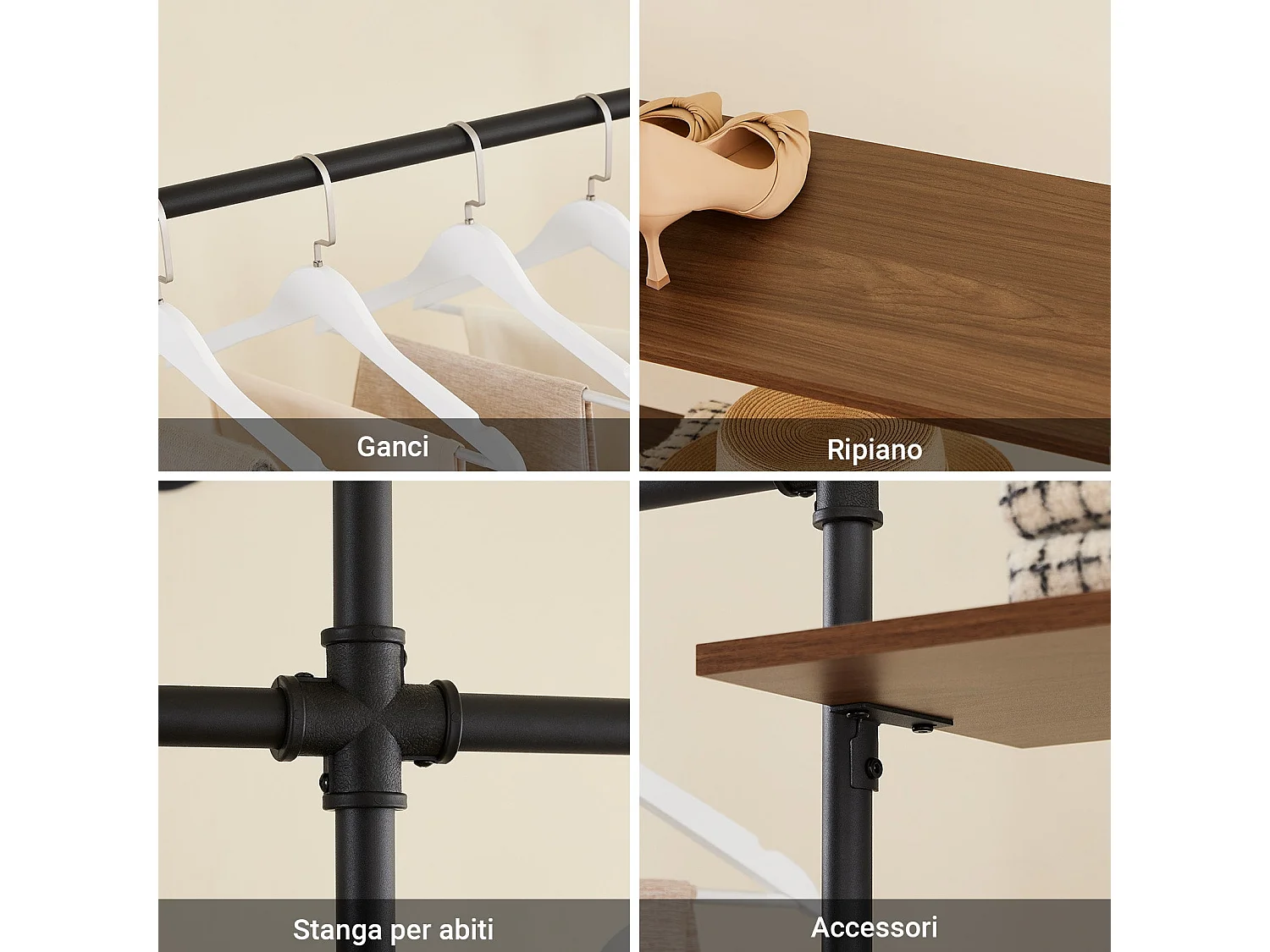 SoBuy industrieel wandrek met 3 stangen en 3 MDF-planken, robuuste kledingkast