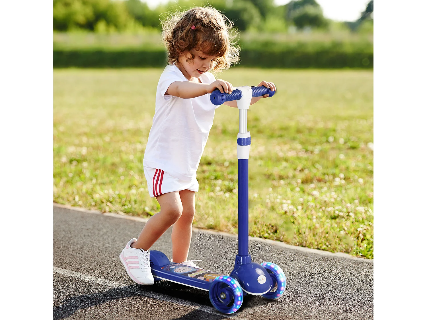 Trottinette pour enfants trottinette 3 roues lumineuses LED hauteur guidon réglable  frein à friction arrière bleu