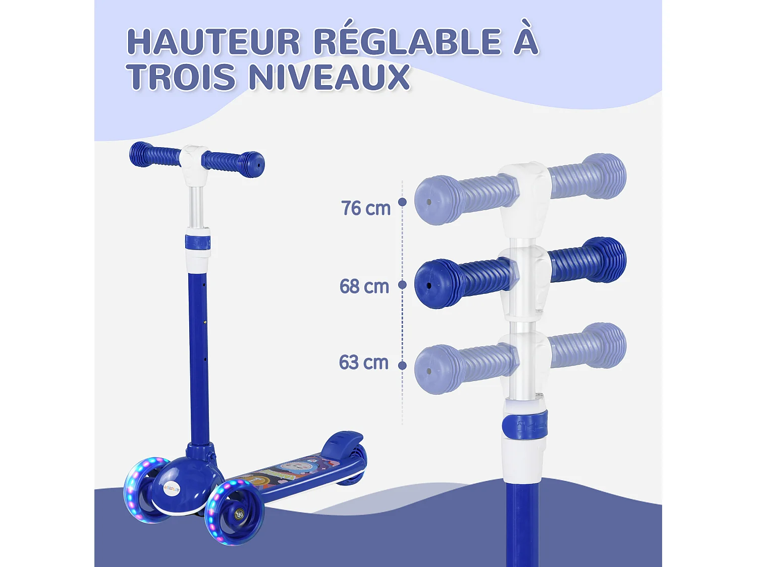 Trottinette pour enfants trottinette 3 roues lumineuses LED hauteur guidon réglable  frein à friction arrière bleu