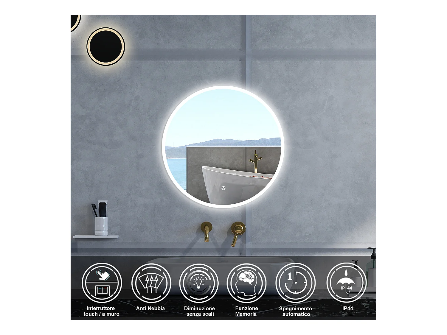 Specchio da bagno Rotondo con 70cm,Memoria, Antifog,Regorabile,Retroilluminato,doppio interruttore,