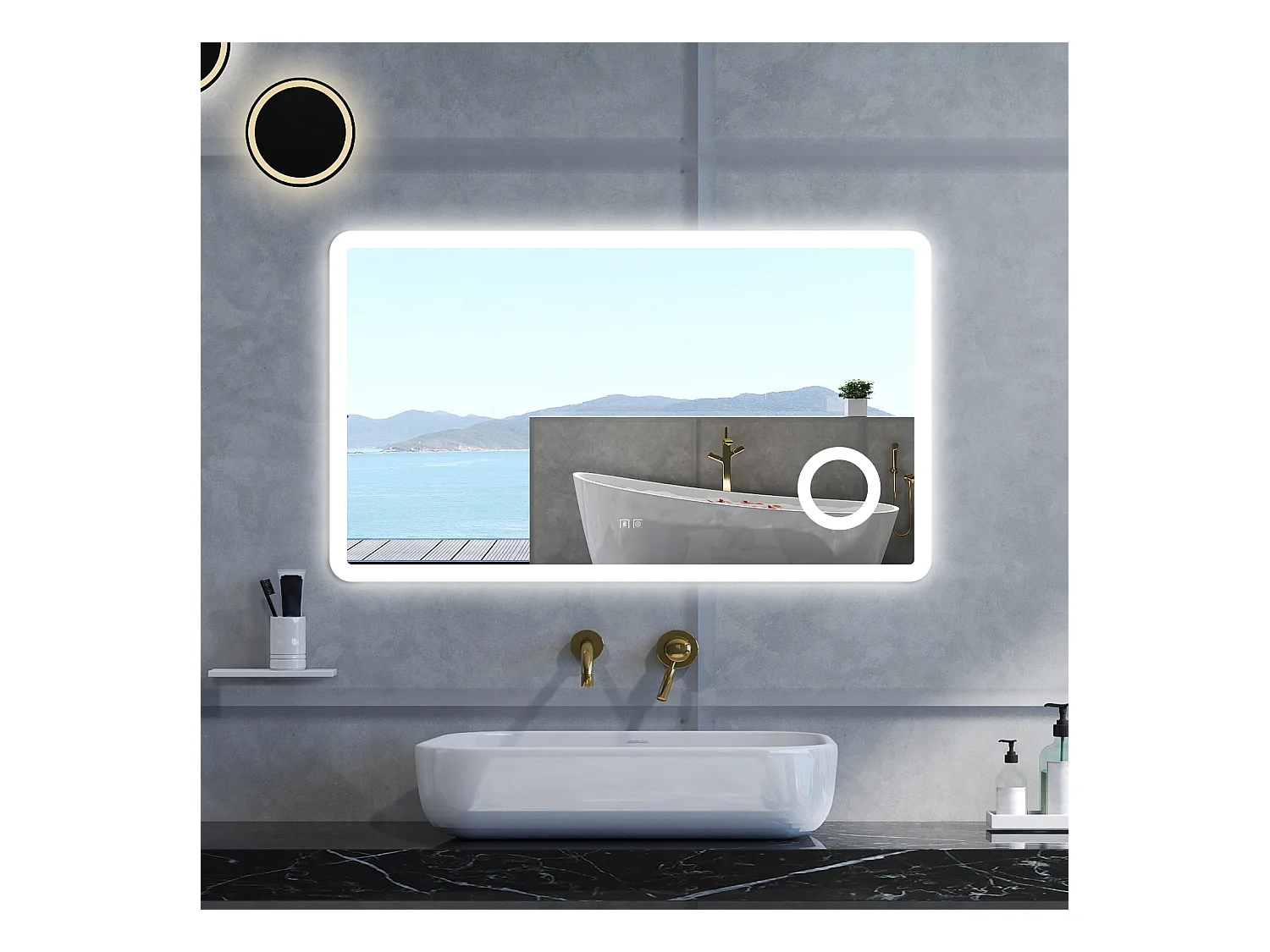 Specchio da bagno Rettangolare con 100x60cm,ingranditore 3x,Blue tooth,3 colori,Memoria, Antifog,Regorabile,Retroilluminato,doppio interruttore,