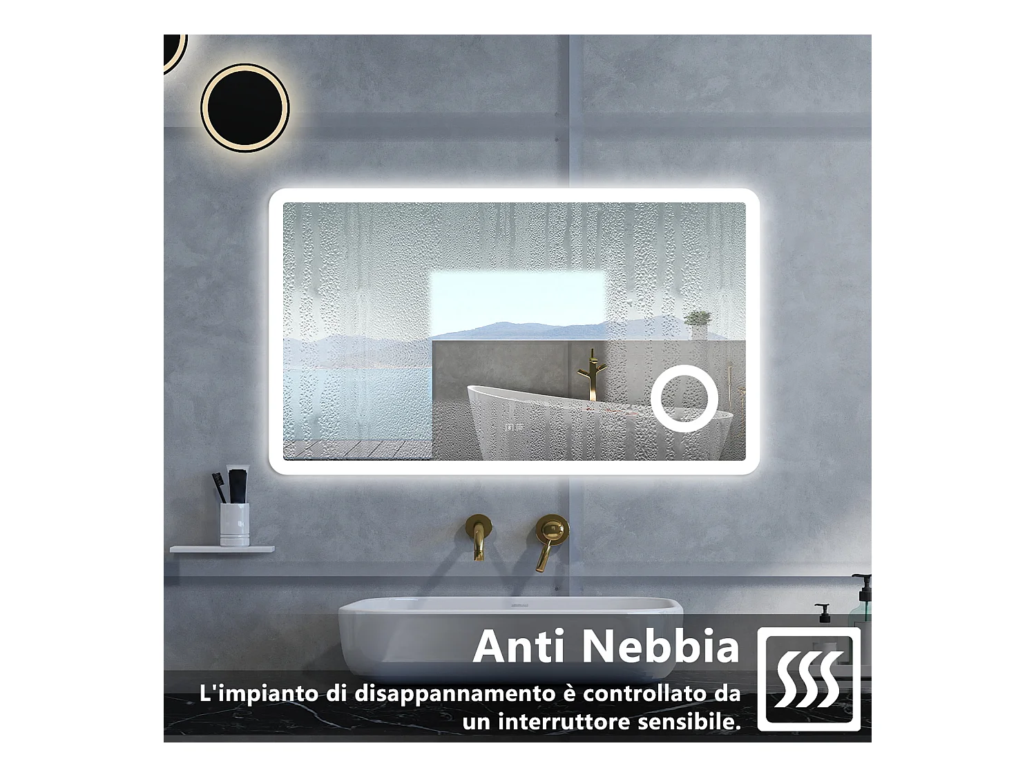 Specchio da bagno Rettangolare con 100x60cm,ingranditore 3x,Blue tooth,3 colori,Memoria, Antifog,Regorabile,Retroilluminato,doppio interruttore,