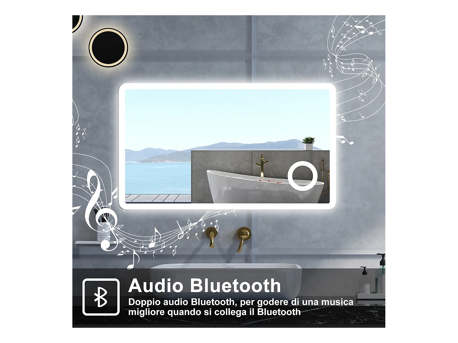 Specchio da bagno Rettangolare con 100x60cm,ingranditore 3x,Blue tooth,3 colori,Memoria, Antifog,Regorabile,Retroilluminato,doppio interruttore,