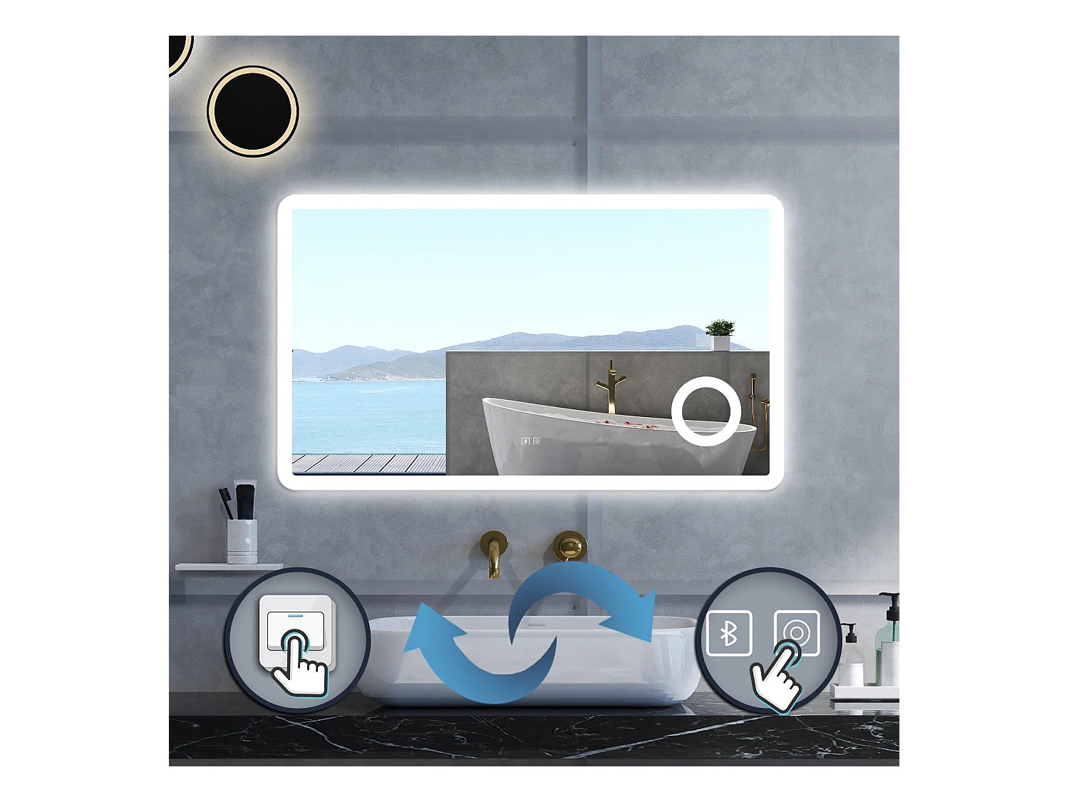 Specchio da bagno Rettangolare con 100x60cm,ingranditore 3x,Blue tooth,3 colori,Memoria, Antifog,Regorabile,Retroilluminato,doppio interruttore,