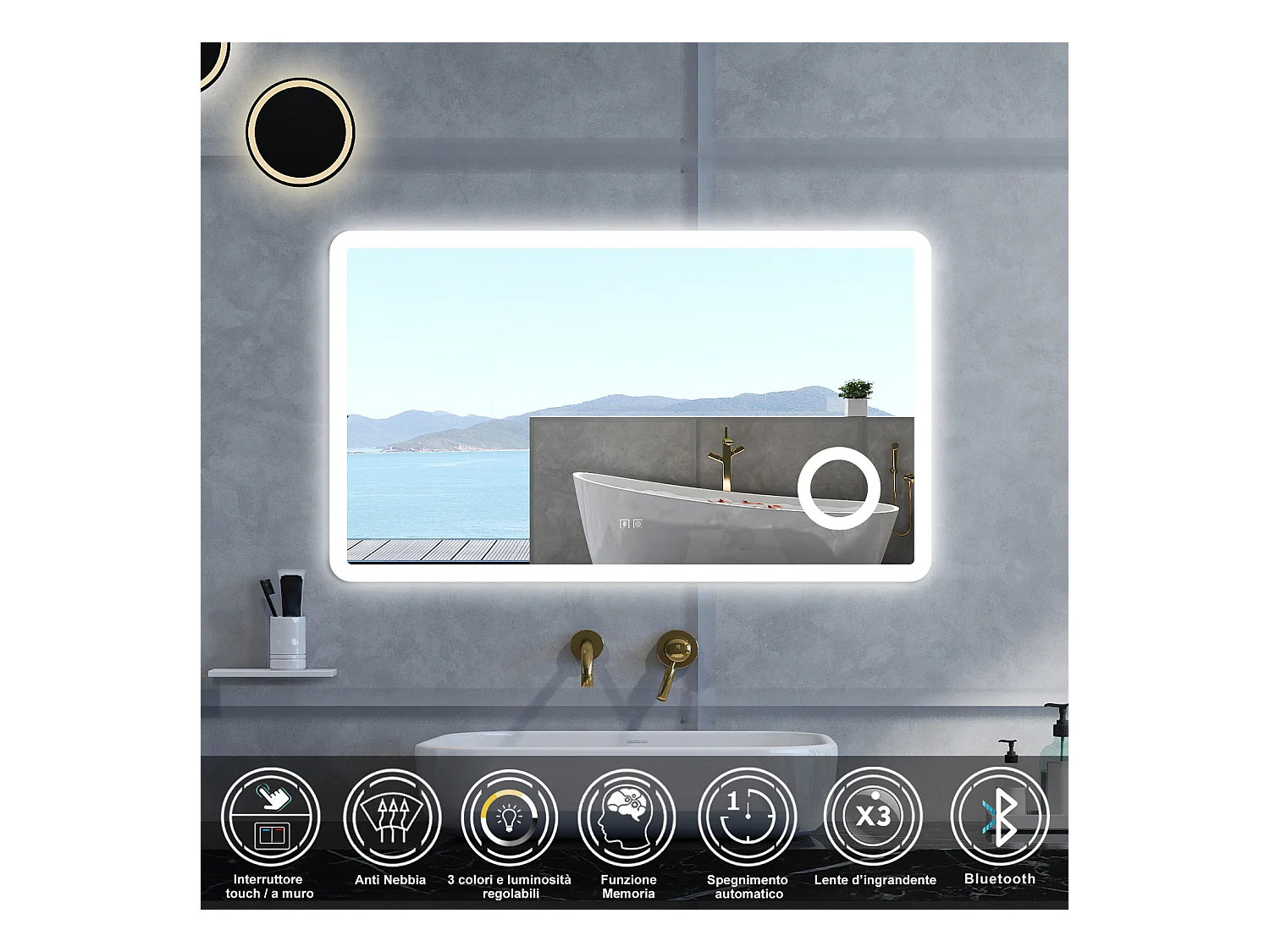 Specchio da bagno Rettangolare con 100x60cm,ingranditore 3x,Blue tooth,3 colori,Memoria, Antifog,Regorabile,Retroilluminato,doppio interruttore,