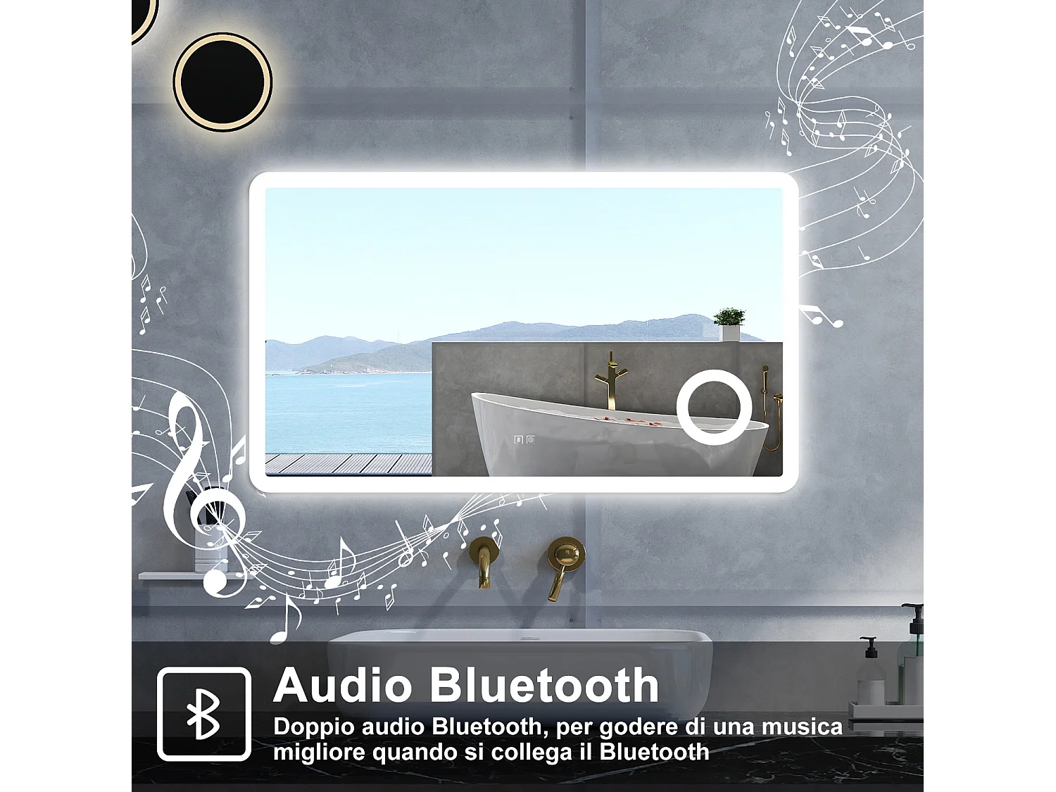 Specchio da bagno Rettangolare con 100x60cm,ingranditore 3x,Blue tooth,3 colori,Memoria, Antifog,Regorabile,Retroilluminato,doppio interruttore,