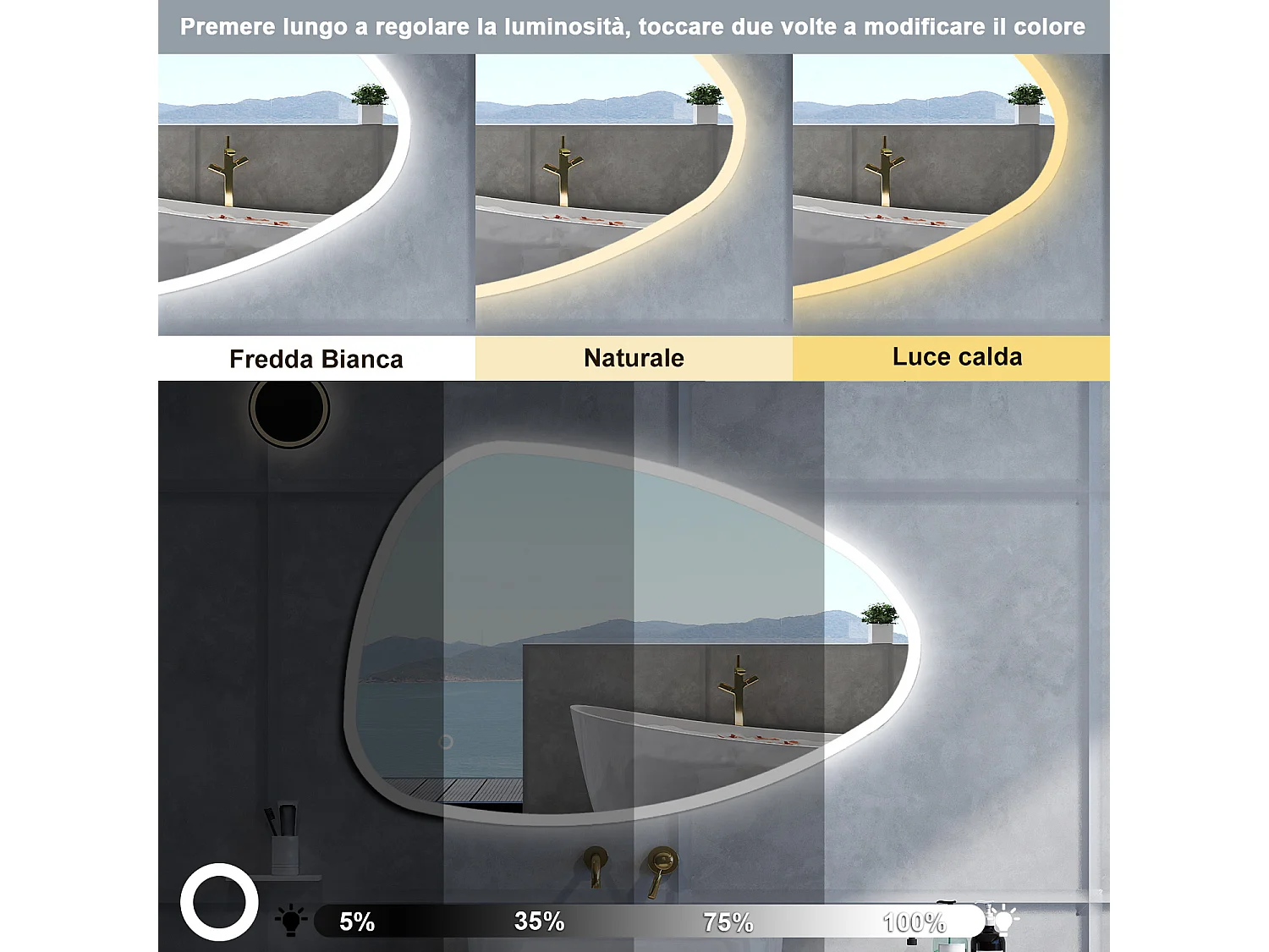Specchio da bagno Asimmetrico con 100x80cm,3 colori,Memoria, Antifog,Regorabile,Retroilluminato,doppio interruttore,