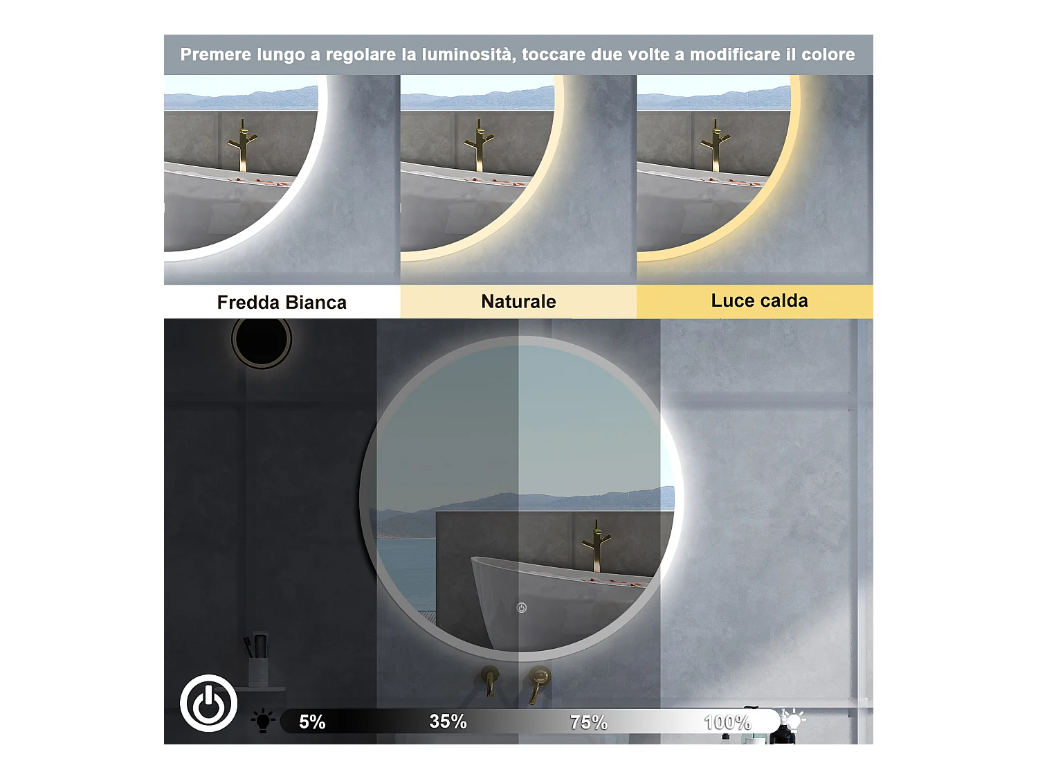 Specchio da bagno Rotondo con 60cm,3 colori,Memoria, Antifog,Regorabile,Retroilluminato,doppio interruttore,