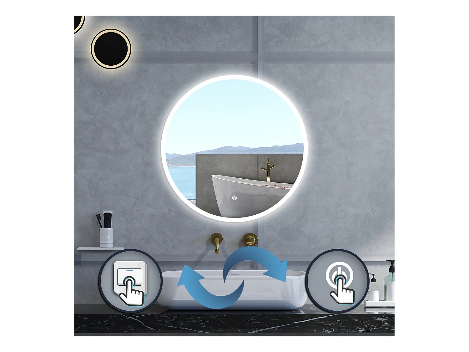 Specchio da bagno Rotondo con 60cm,3 colori,Memoria, Antifog,Regorabile,Retroilluminato,doppio interruttore,