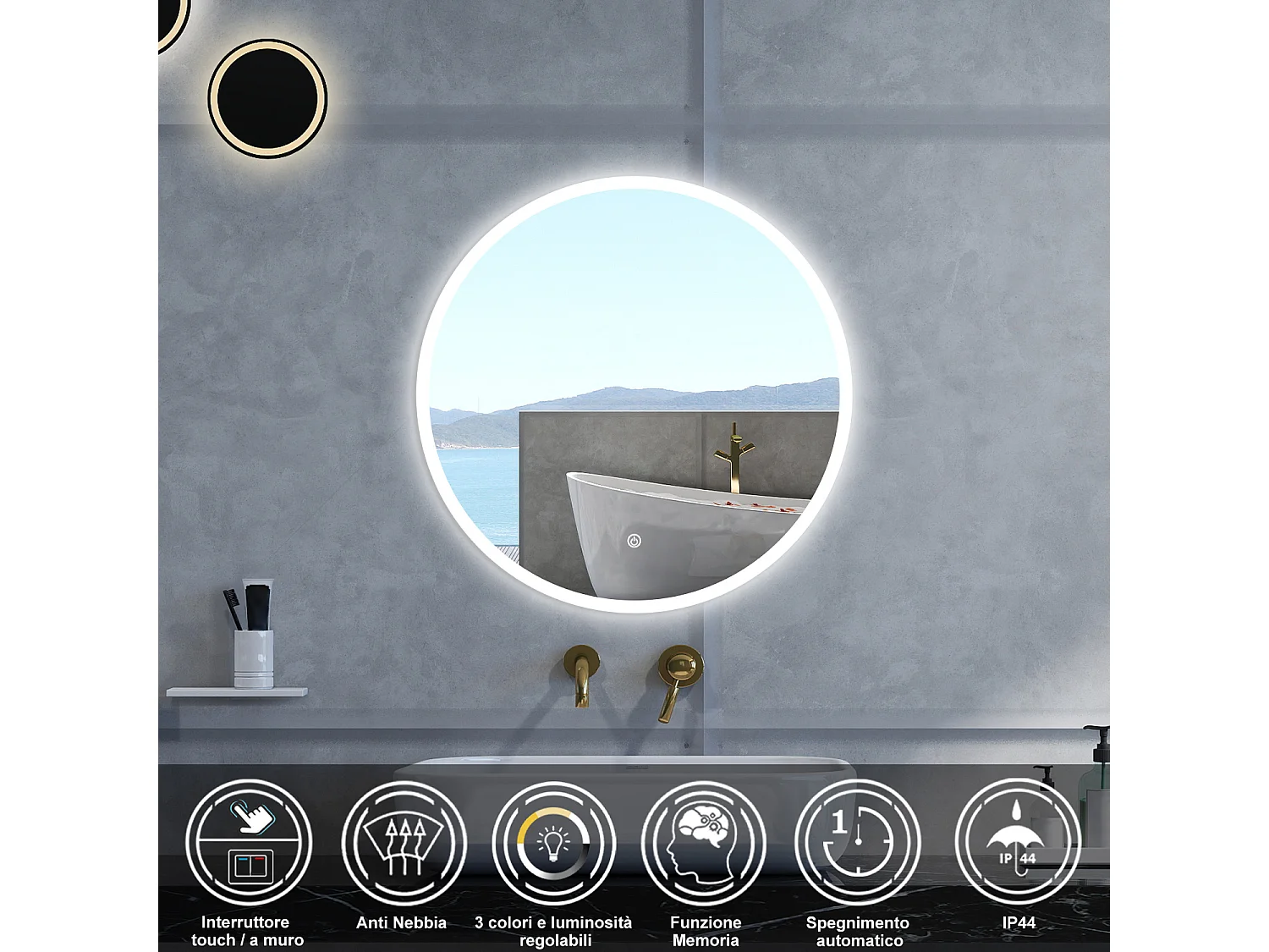 Specchio da bagno Rotondo con 60cm,3 colori,Memoria, Antifog,Regorabile,Retroilluminato,doppio interruttore,
