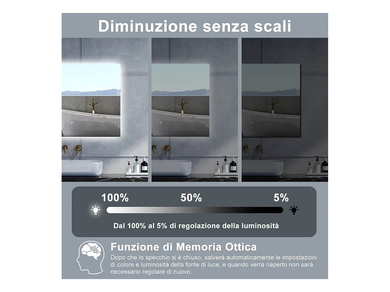 Specchio da bagno Rettangolare con 80x60cm,Memoria, Antifog,Regorabile,Retroilluminato,doppio interruttore,