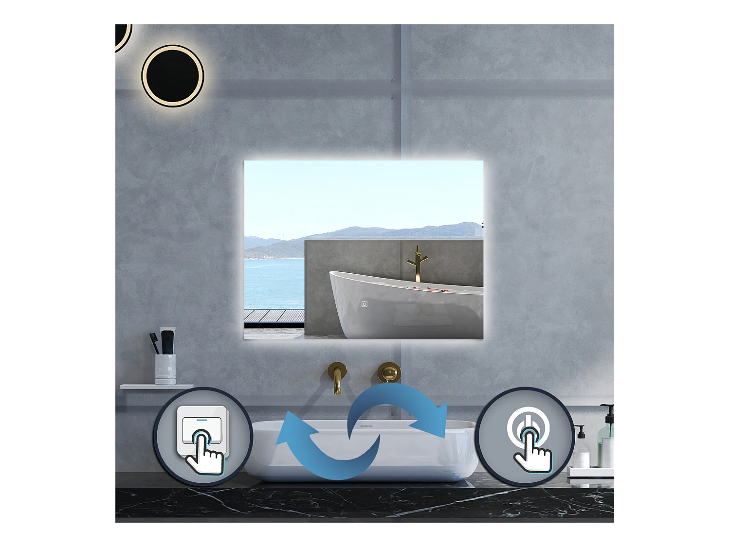 Specchio da bagno Rettangolare con 80x60cm,Memoria, Antifog,Regorabile,Retroilluminato,doppio interruttore,