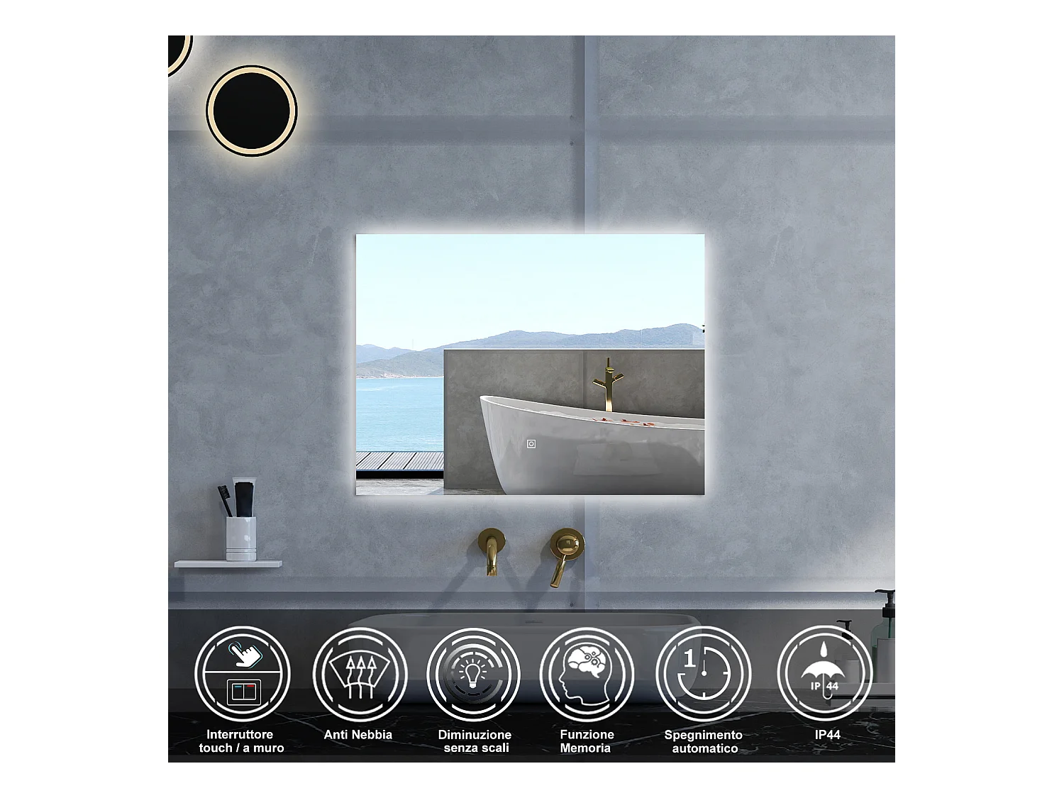 Specchio da bagno Rettangolare con 80x60cm,Memoria, Antifog,Regorabile,Retroilluminato,doppio interruttore,