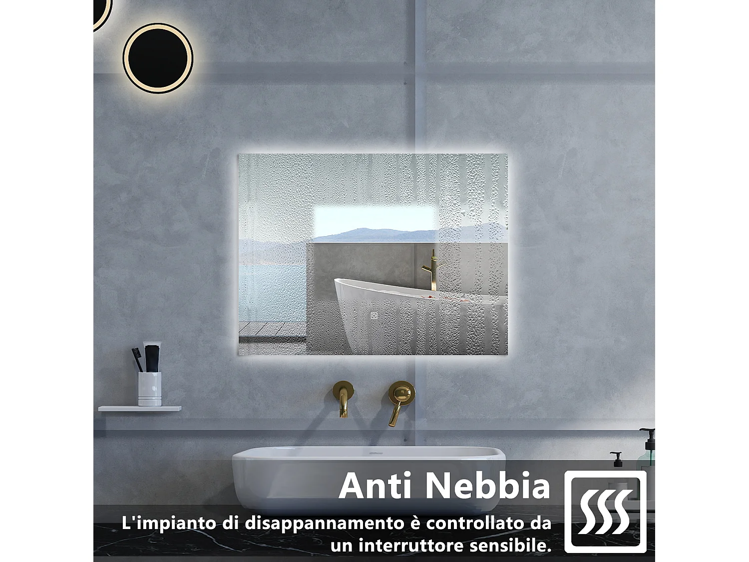 Specchio da bagno Rettangolare con 80x60cm,Memoria, Antifog,Regorabile,Retroilluminato,doppio interruttore,