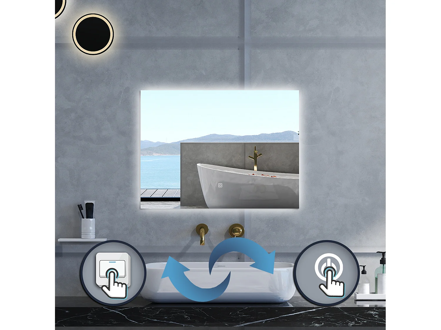 Specchio da bagno Rettangolare con 80x60cm,Memoria, Antifog,Regorabile,Retroilluminato,doppio interruttore,