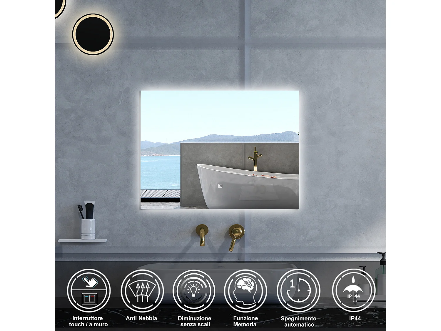 Specchio da bagno Rettangolare con 80x60cm,Memoria, Antifog,Regorabile,Retroilluminato,doppio interruttore,