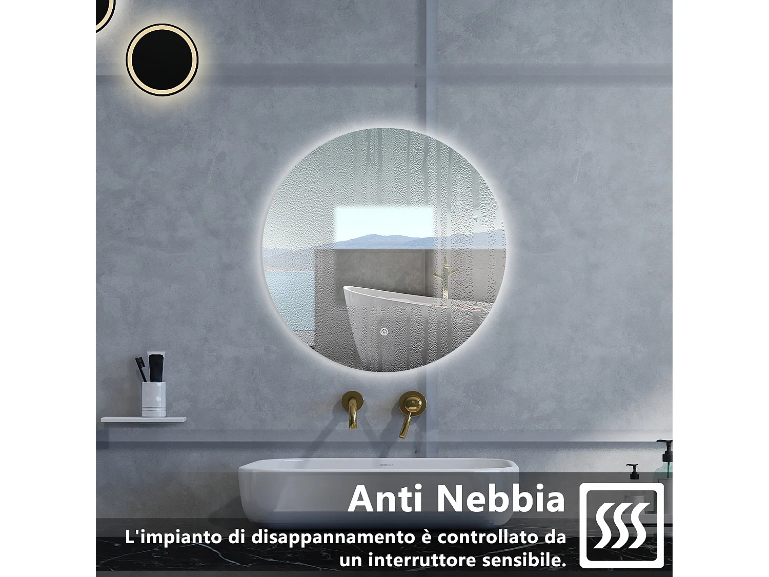 Specchio da bagno Rotondo con 90cm,Memoria, Antifog,Regorabile,Retroilluminato,doppio interruttore,