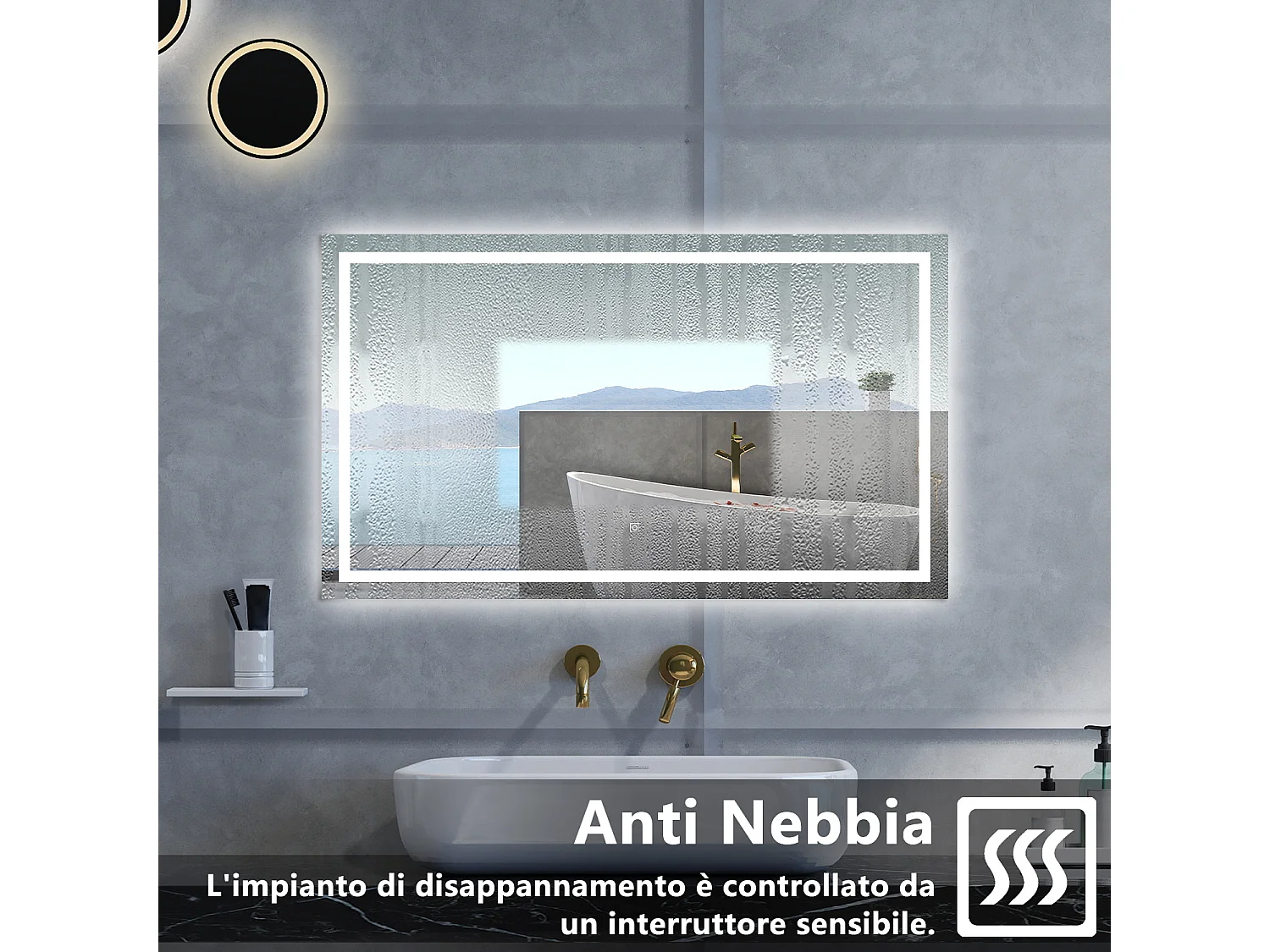 Specchio da bagno Rettangolare con 70x50cm,3 colori,Memoria, Antifog,Regorabile,Retroilluminato,doppio interruttore,