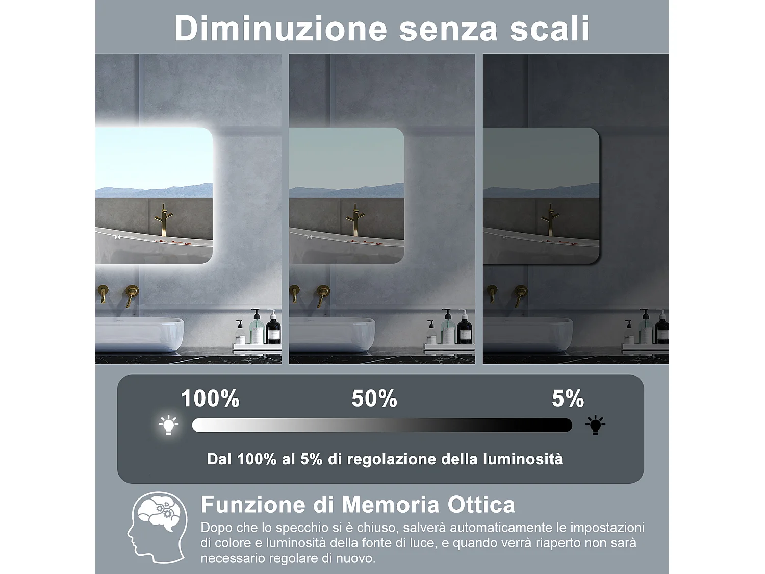 Specchio da bagno Rettangolare con 80x60cm,Memoria,Regorabile,Retroilluminato,doppio interruttore,HD temperato