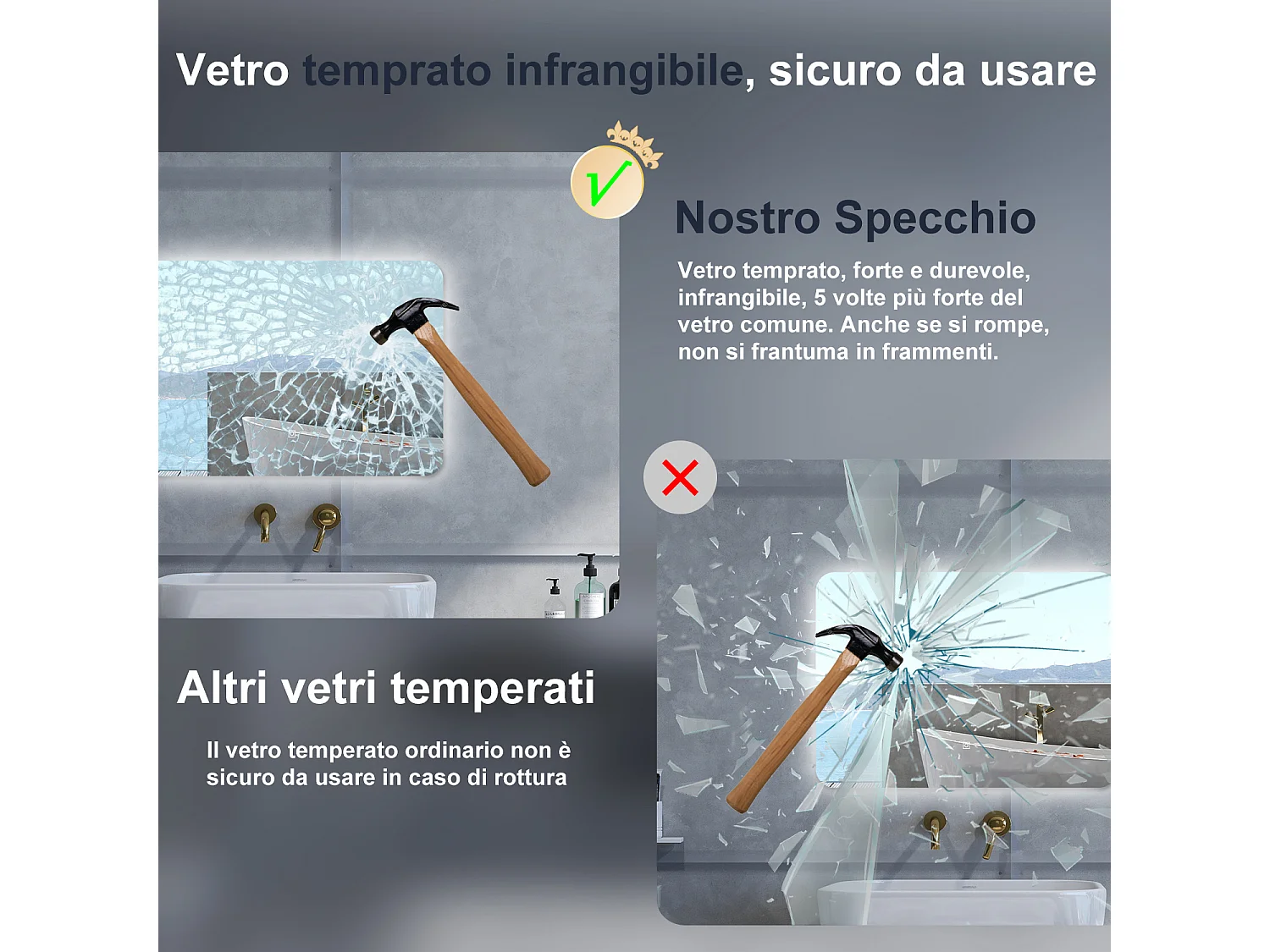 Specchio da bagno Rettangolare con 80x60cm,Memoria,Regorabile,Retroilluminato,doppio interruttore,HD temperato