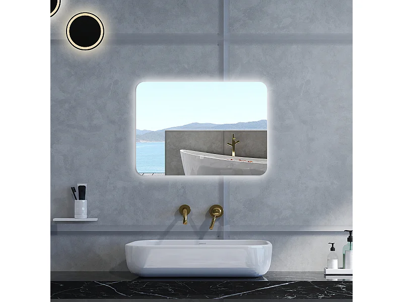Specchio da bagno Rettangolare con 80x60cm,Memoria,Regorabile,Retroilluminato,doppio interruttore,HD temperato