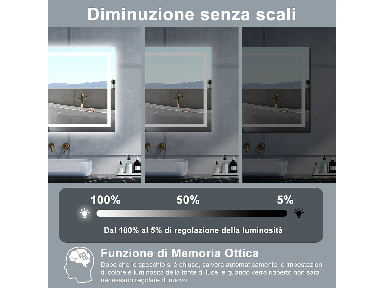 Specchio da bagno Rettangolare con 80x60cm,Memoria, Antifog,Regorabile,Retroilluminato,doppio interruttore,