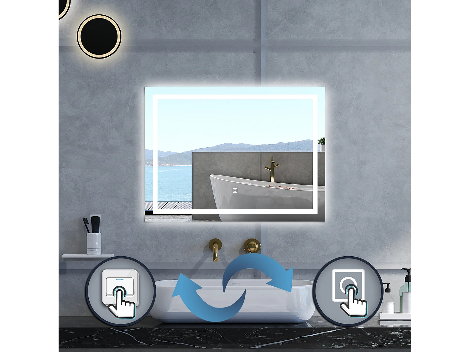 Specchio da bagno Rettangolare con 80x60cm,Memoria, Antifog,Regorabile,Retroilluminato,doppio interruttore,