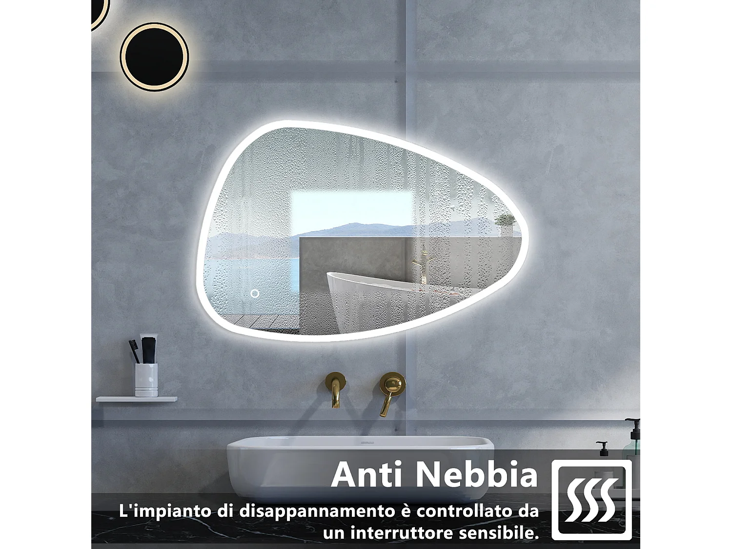 Specchio da bagno Asimmetrico con 120x80cm,3 colori,Memoria, Antifog,Regorabile,Retroilluminato,doppio interruttore,