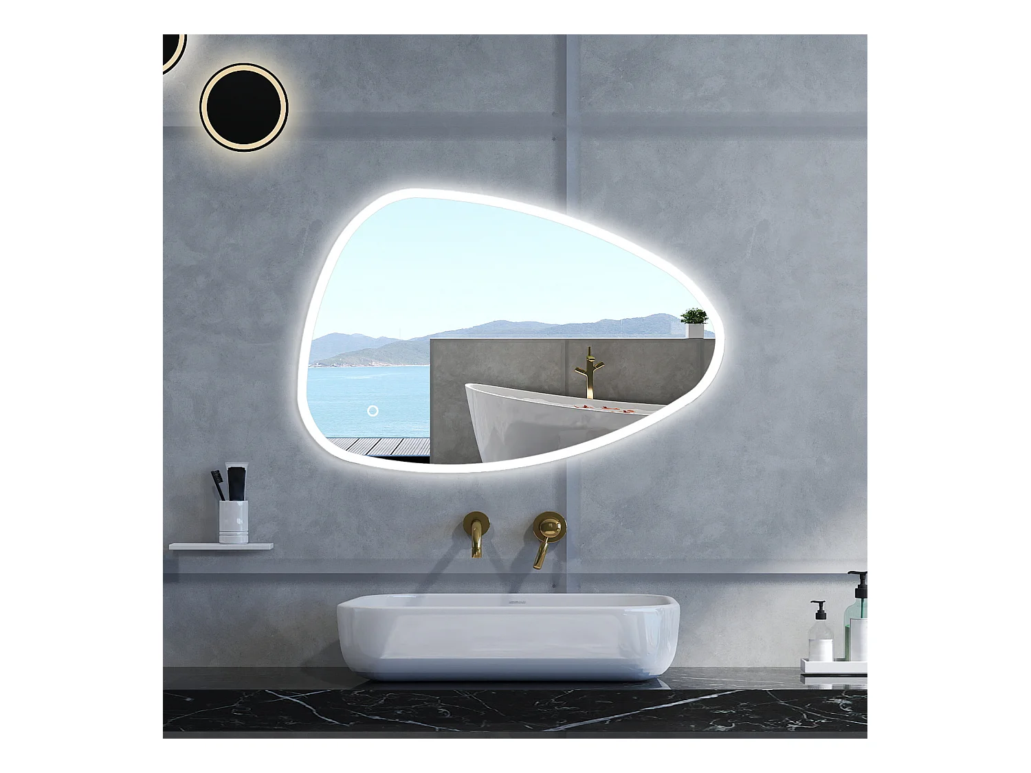 Specchio da bagno Asimmetrico con 120x80cm,3 colori,Memoria, Antifog,Regorabile,Retroilluminato,doppio interruttore,