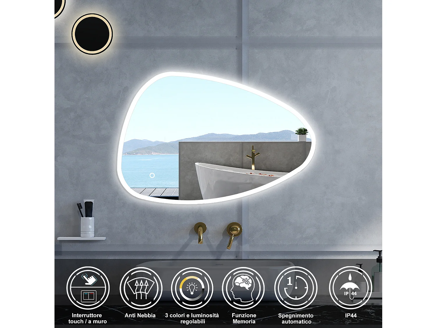 Specchio da bagno Asimmetrico con 120x80cm,3 colori,Memoria, Antifog,Regorabile,Retroilluminato,doppio interruttore,