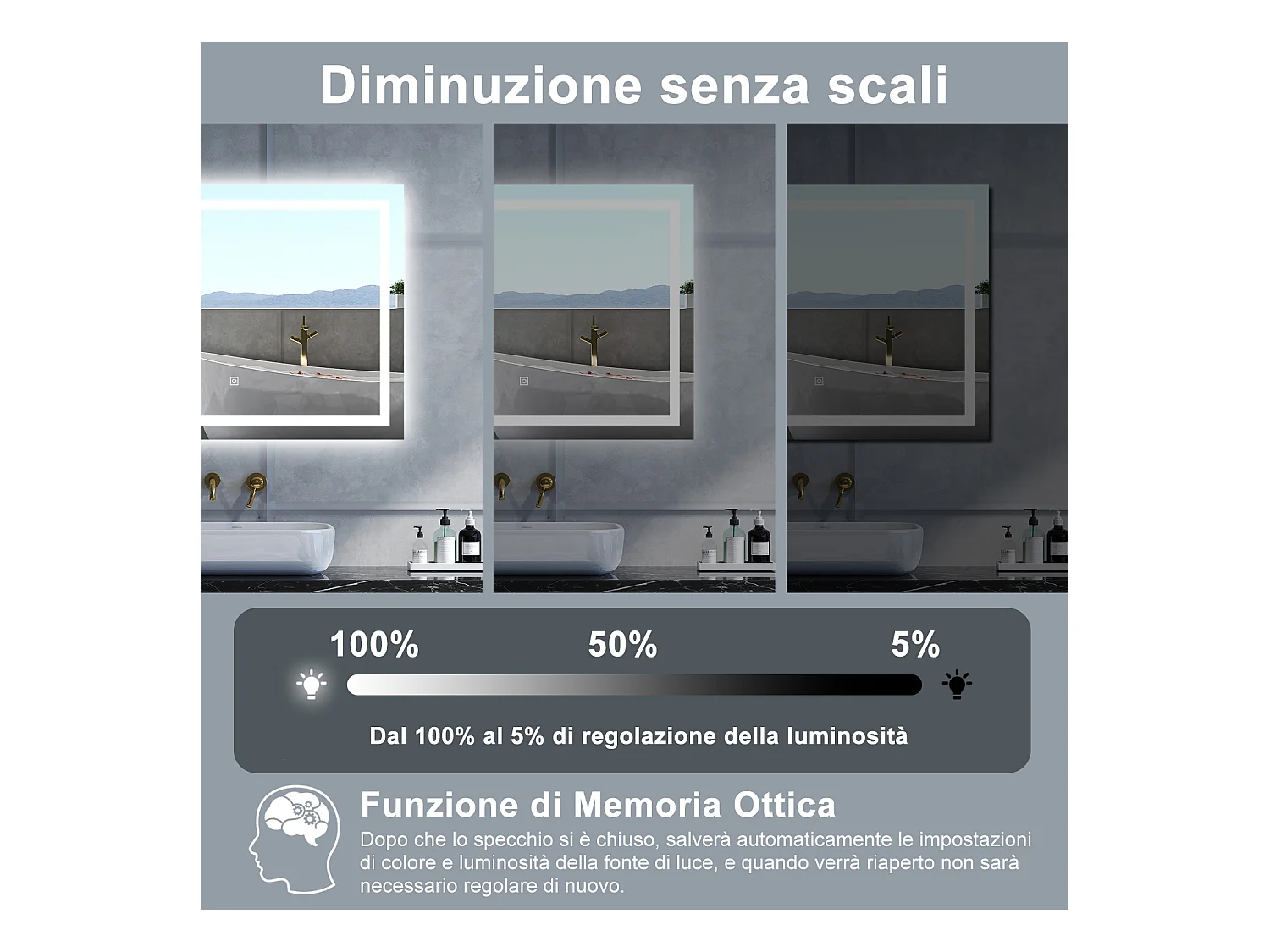 Specchio da bagno Rettangolare con 100x60cm,Memoria, Antifog,Regorabile,Retroilluminato,doppio interruttore,