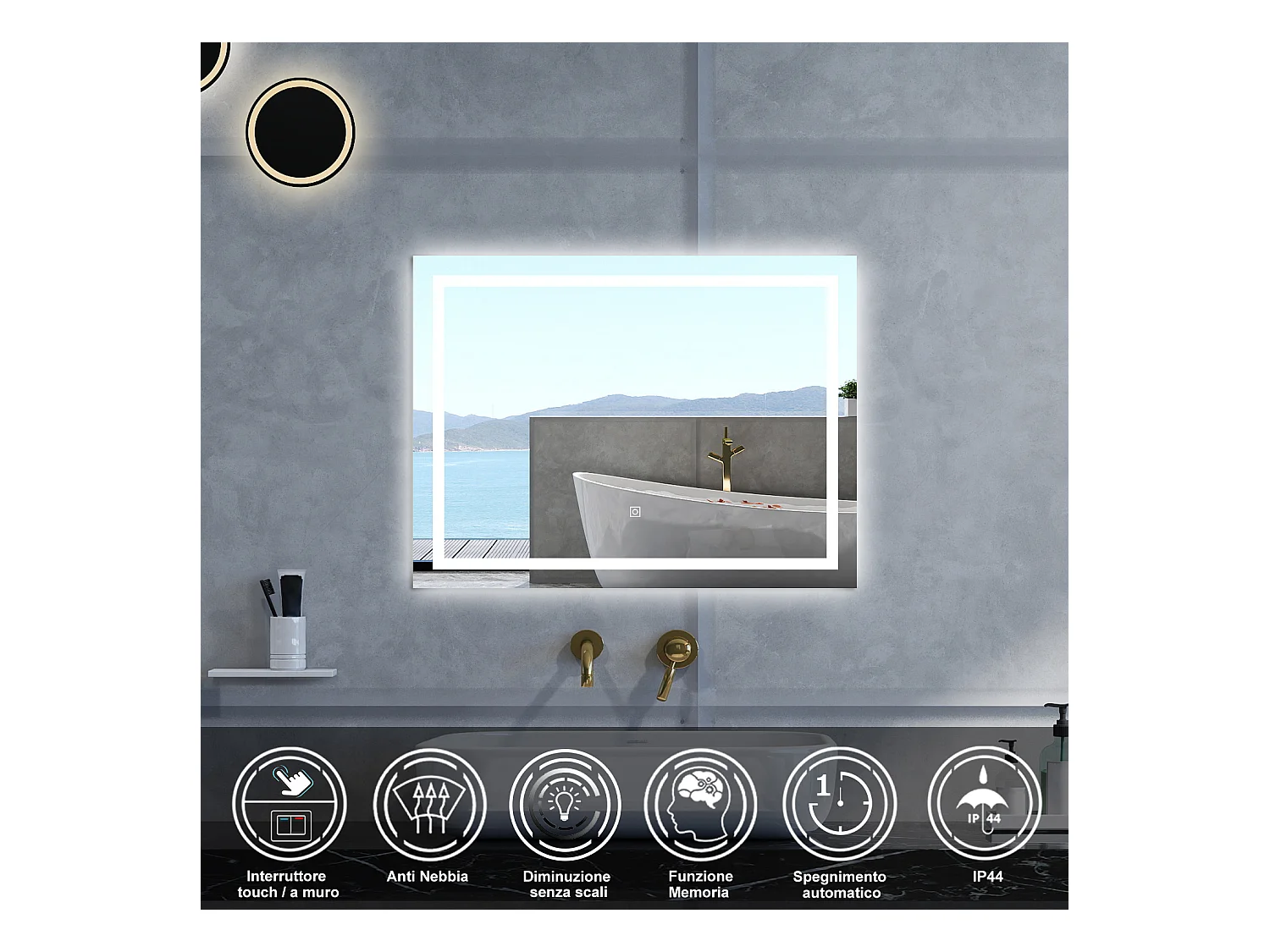 Specchio da bagno Rettangolare con 100x60cm,Memoria, Antifog,Regorabile,Retroilluminato,doppio interruttore,