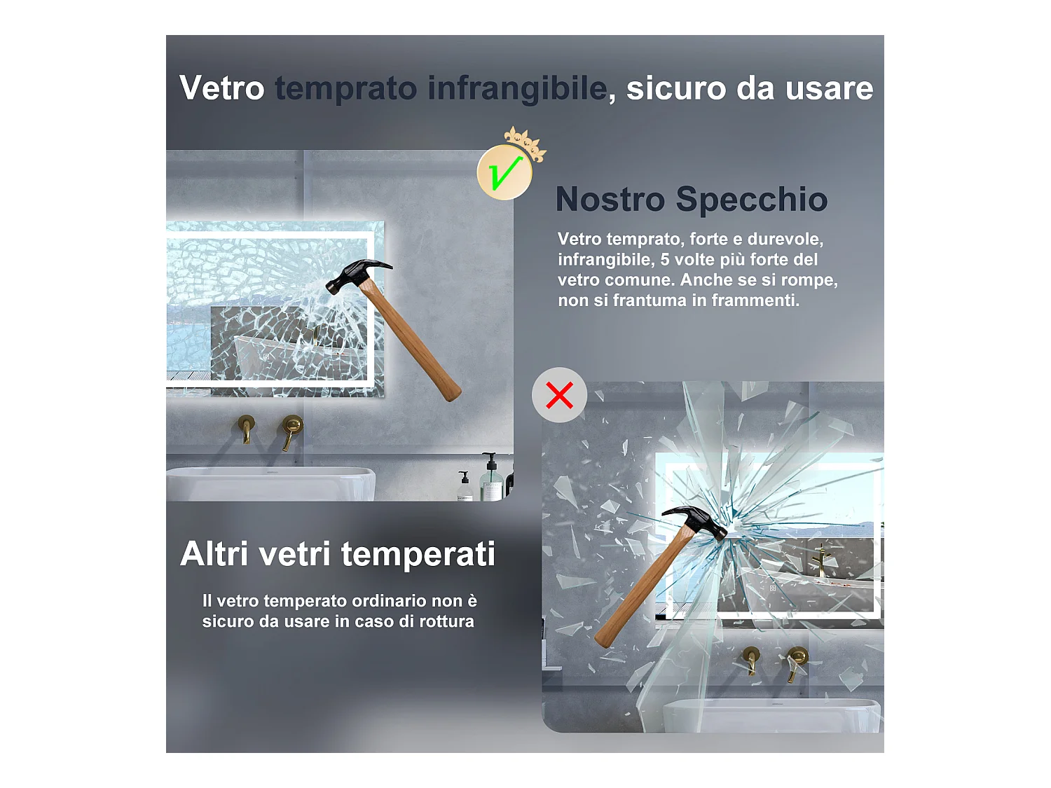 Specchio da bagno Rettangolare con 100x60cm,Memoria, Antifog,Regorabile,Retroilluminato,doppio interruttore,