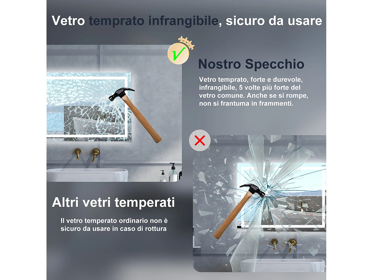 Specchio da bagno Rettangolare con 100x60cm,Memoria, Antifog,Regorabile,Retroilluminato,doppio interruttore,