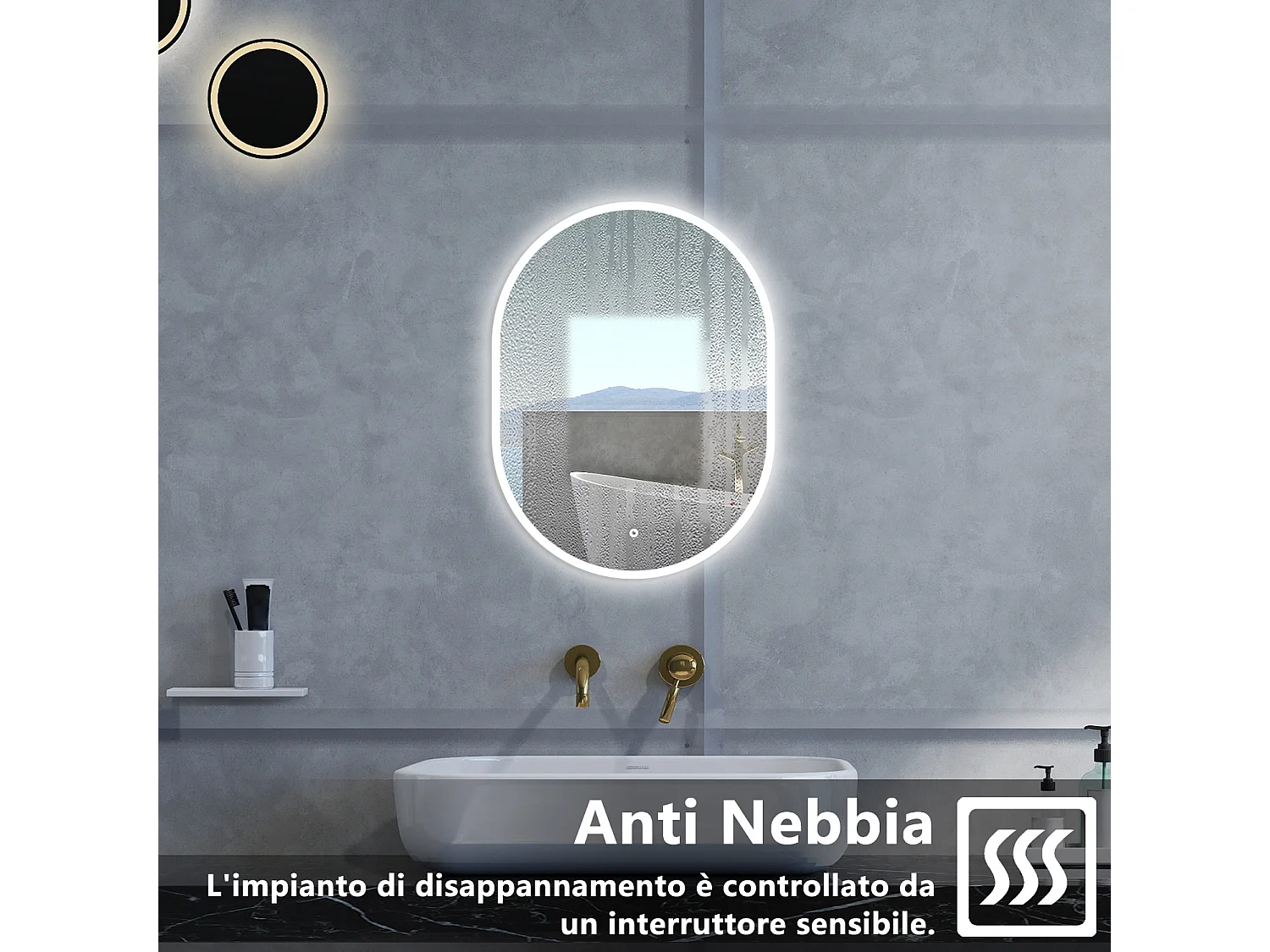 Specchio da bagno Ovale con 60x80cm,Memoria, Antifog,Regorabile,Retroilluminato,doppio interruttore,