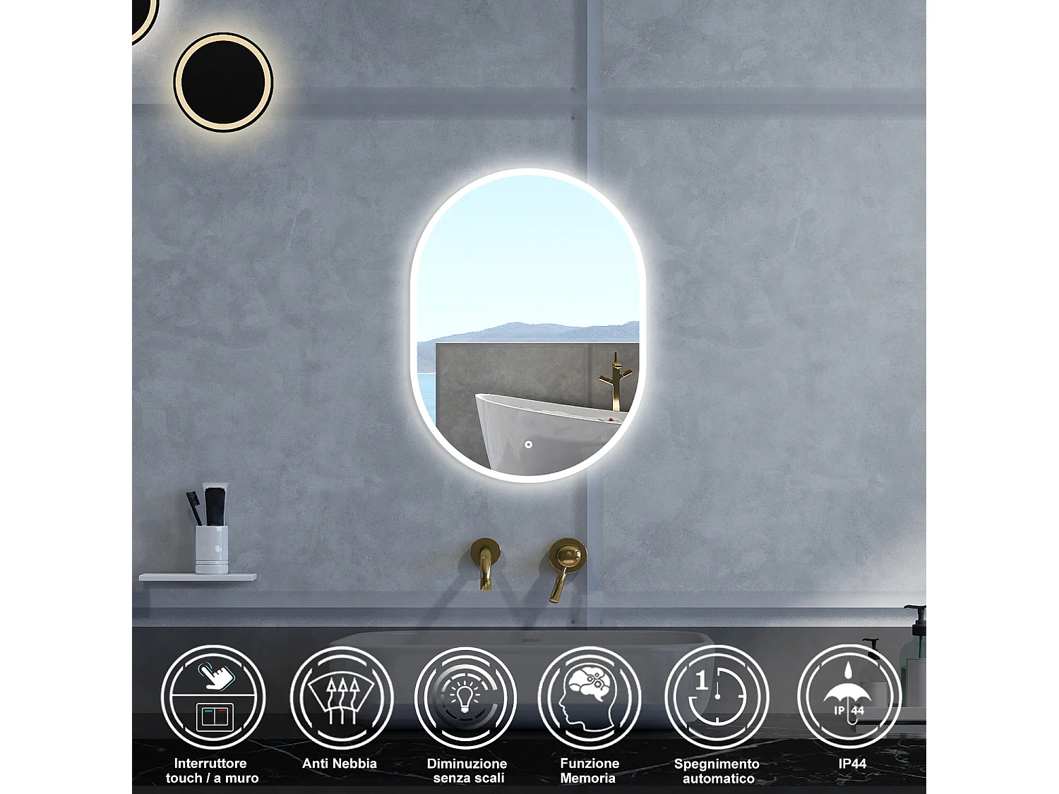 Specchio da bagno Ovale con 60x80cm,Memoria, Antifog,Regorabile,Retroilluminato,doppio interruttore,