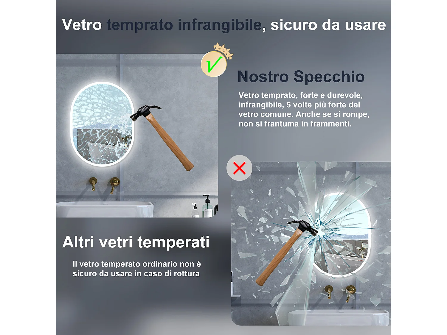 Specchio da bagno Ovale con 60x80cm,Memoria, Antifog,Regorabile,Retroilluminato,doppio interruttore,