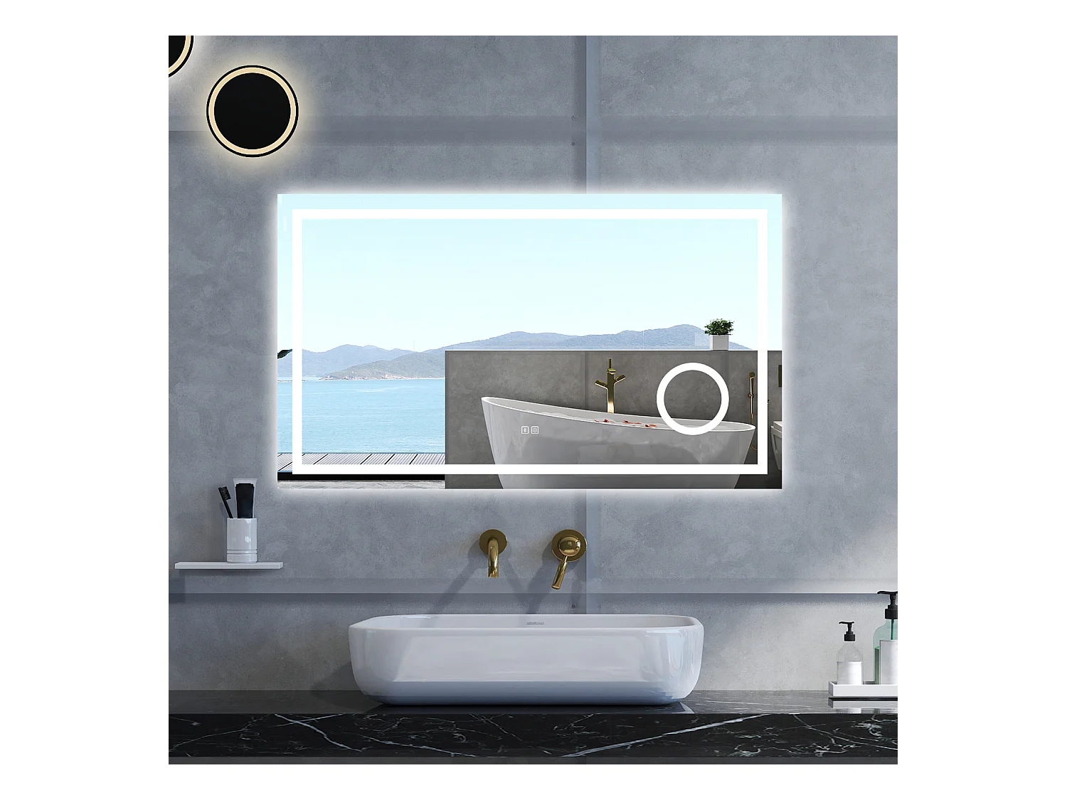 Specchio da bagno Rettangolare con 80x60cm,ingranditore 3x,Blue tooth,3 colori,Memoria, Antifog,Regorabile,Retroilluminato,doppio interruttore,