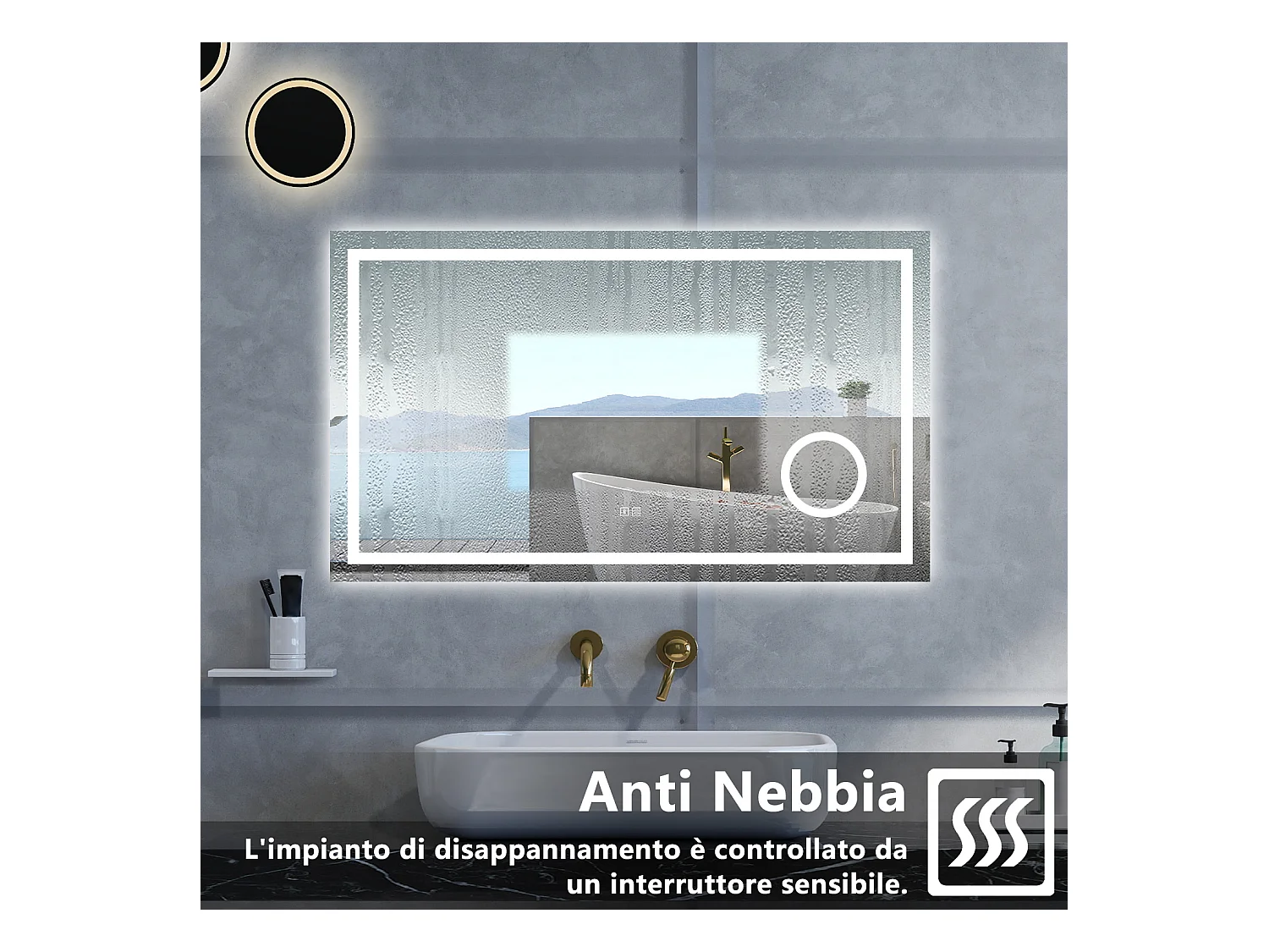 Specchio da bagno Rettangolare con 80x60cm,ingranditore 3x,Blue tooth,3 colori,Memoria, Antifog,Regorabile,Retroilluminato,doppio interruttore,