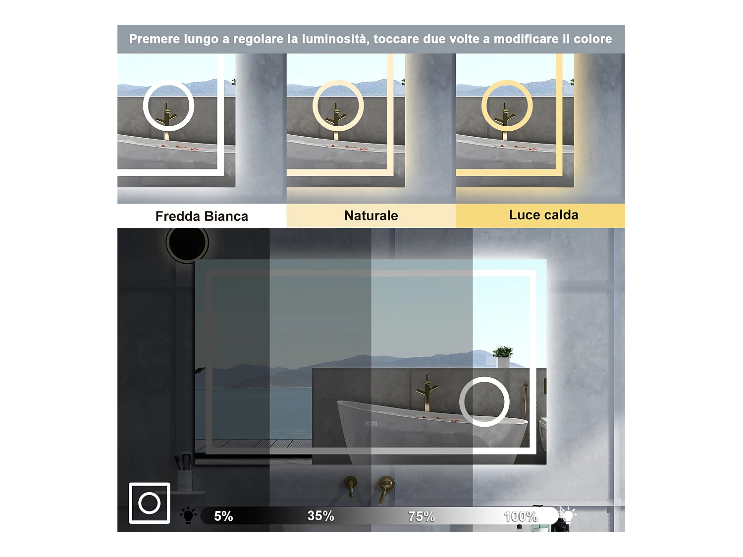 Specchio da bagno Rettangolare con 80x60cm,ingranditore 3x,Blue tooth,3 colori,Memoria, Antifog,Regorabile,Retroilluminato,doppio interruttore,